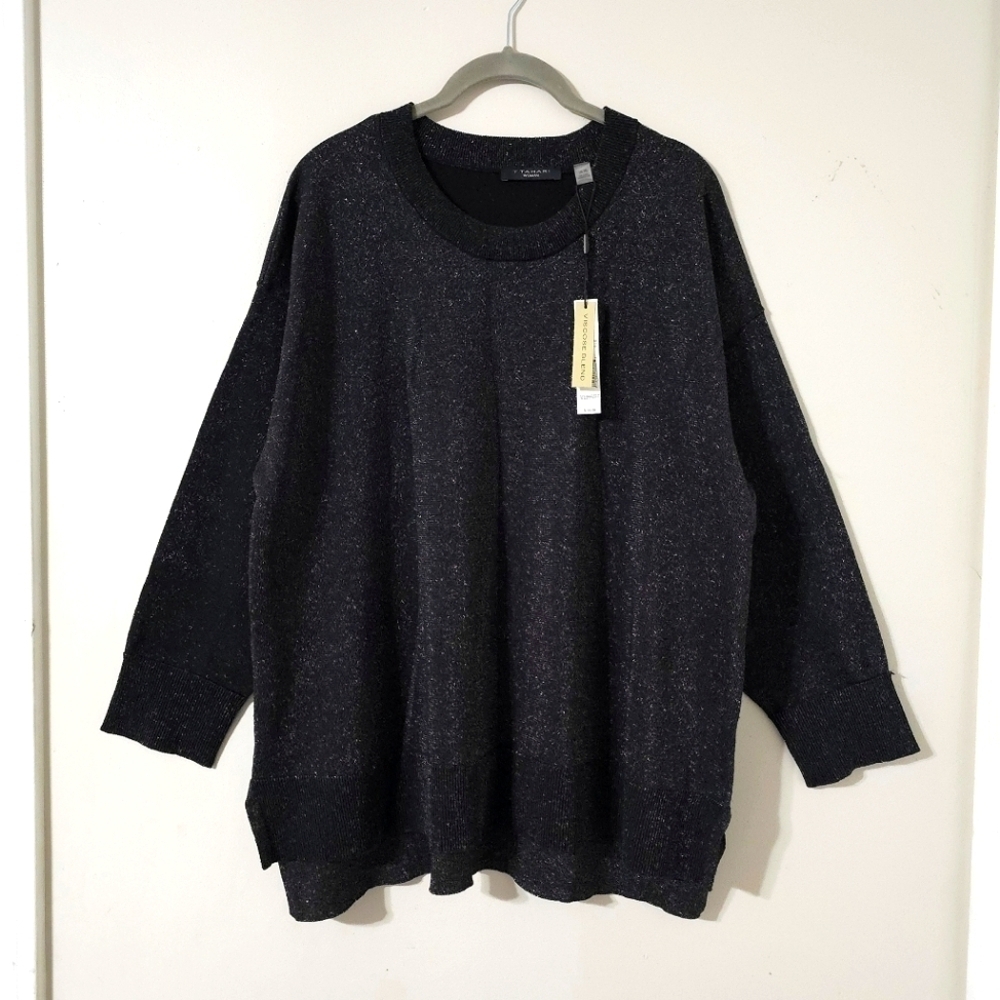 T TAHARI Plus Size Glitter Metallic Black Knit Crewneck Sweater, Longer Back, 1X - Picture 3 of 17